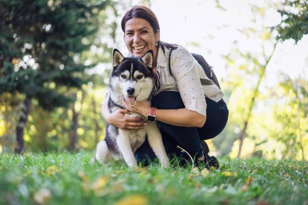 istock Beautiful Siberian husky with his owner 1199868064