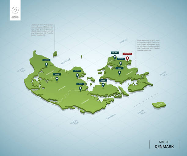 ilustraciones, imágenes clip art, dibujos animados e iconos de stock de mapa estilizado de dinamarca. mapa verde 3d isométrico con ciudades, fronteras, capital copenhague, regiones. ilustración vectorial. capas editables claramente etiquetadas. idioma inglés. - denmark map copenhagen cartography