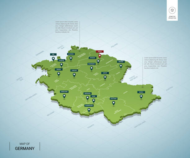 ilustrações de stock, clip art, desenhos animados e ícones de stylized map of germany. isometric 3d green map with cities, borders, capital berlin, regions. vector illustration. editable layers clearly labeled. english language. - berlin germany