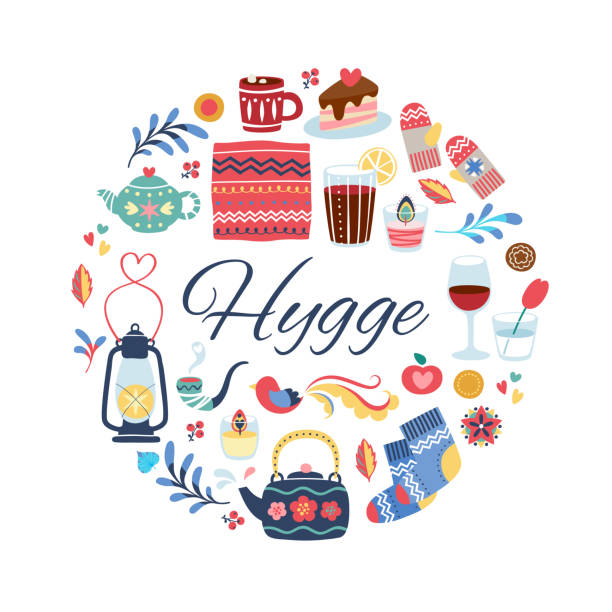 hygge 스타일 일러스트. 둥근 배경입니다. - knitting residential structure glasses hot drink stock illustrations