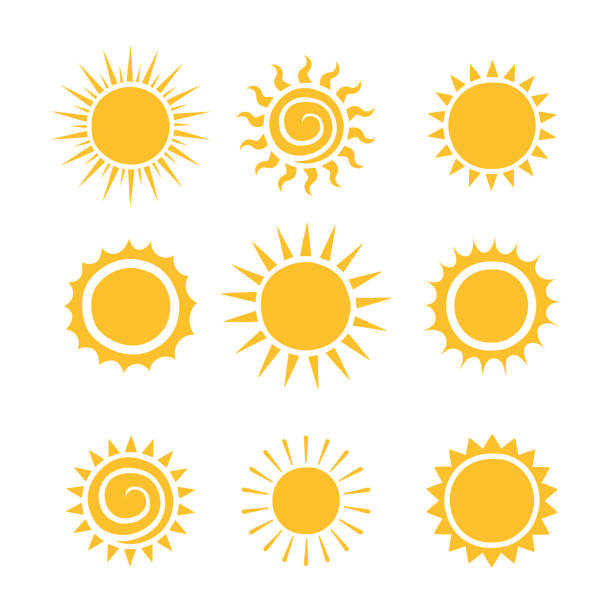 ilustraciones, imágenes clip art, dibujos animados e iconos de stock de conjunto de diferentes iconos de sol dibujados a mano. ilustración vectorial de estilo plano - 1614