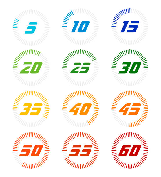 набор таймеров. диаграмма стрелка полного вращения от 5 секунд или минут до 60. цветные плоские значки. современный вектор иллюстрация плоск� - number 5 accuracy time blue stock illustrations