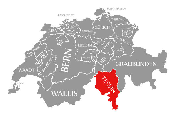 ilustrações de stock, clip art, desenhos animados e ícones de tessin red highlighted in map of switzerland - tessin