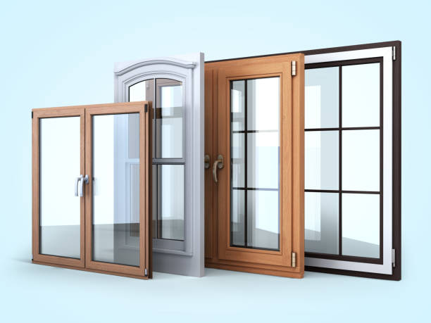 istock Different tipes of window sale promotion background 3d render on blue gradient 1199876956