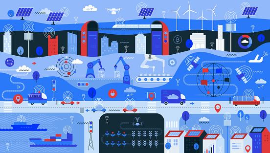 Flat vibrant vector illustration showing more connected world using 5G wireless technology in different fields: clean green energy, smart city, smart industry, smart transport, smart agriculture using drones and smart home segment.