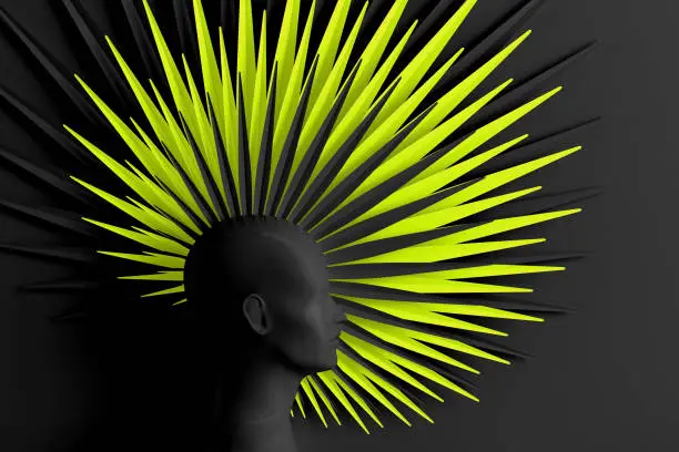 Photo of Creative green and black background with three-dimensional head of a young woman in profile with stylized Mohawk hairstyle. 3D illustration
