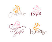 istock Set of four illustrations of cake vector calligraphic text with logo. Sweet cupcake with cream, vintage dessert emblem template design element. Candy bar birthday or wedding invitation 1199880007