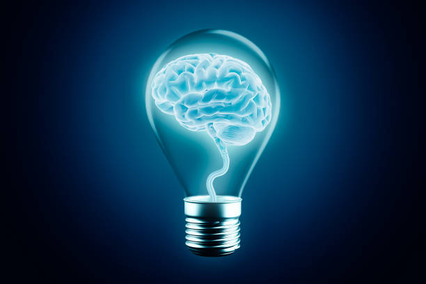 istock Glowing human brain cortex in a lightbulb on a blue background. 3d rendering illustration. Idea, intelligence or intellect, cognition, imagination, learning, think, knowledge, studies concept. 1199881311