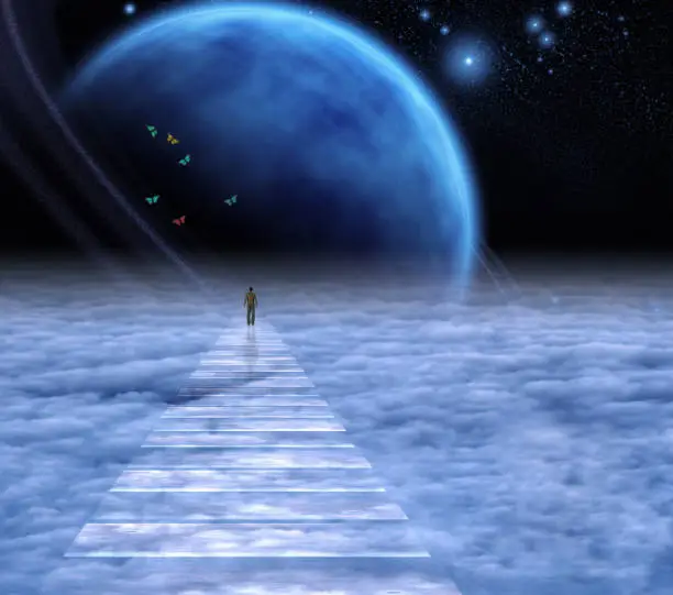 Soul Path. Man on a sky road