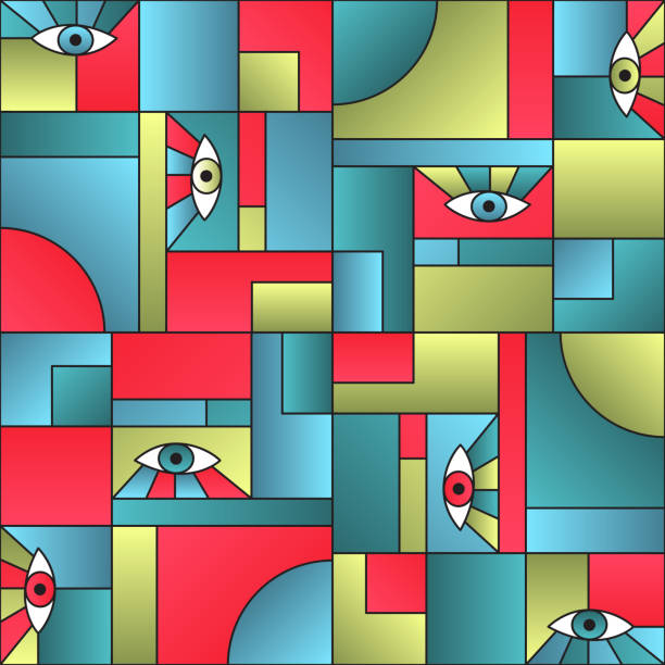 istock Eyes in geometric shapes grid retro seamless print 1199884291