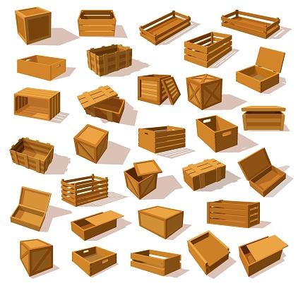 Set of isolated isometric wood boxes or wooden transporting package. Closeup or mockup of lumber pack or delivery container. Opened and closed parcel wrap for goods shipping. Storage and packaging