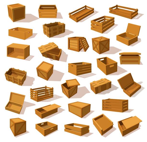 Basic RGB Set of isolated isometric wood boxes or wooden transporting package. Closeup or mockup of lumber pack or delivery container. Opened and closed parcel wrap for goods shipping. Storage and packaging wood box stock illustrations