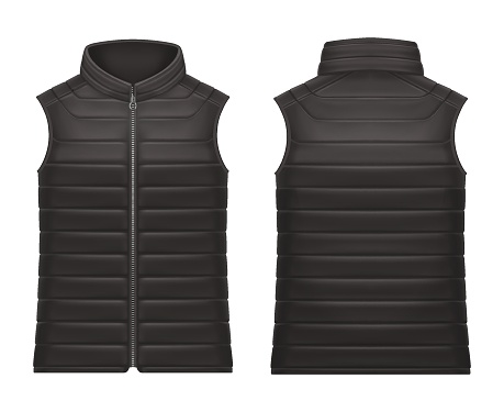Realistic or 3d black vest jacket with zap front and back view. Mockup of waistcoat or closeup of sleeveless puffer. Activewear for man and cloth for woman. Warm and winter wear. Quilted clothing.