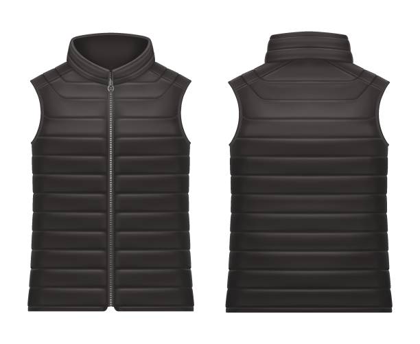 Basic RGB Realistic or 3d black vest jacket with zap front and back view. Mockup of waistcoat or closeup of sleeveless puffer. Activewear for man and cloth for woman. Warm and winter wear. Quilted clothing. waistcoat stock illustrations