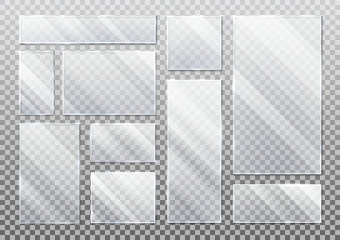 Set of realistic glass plate on transparent, glassware plaque background in rectangle, square form. Acrylic texture for smartphone display or screen, tablet protection. White inscription element