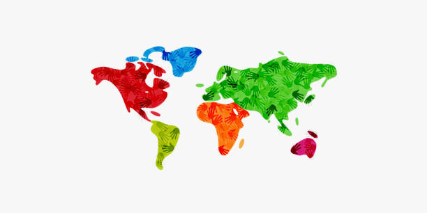 istock Hands of different colors over world map. Cultural and ethnic diversity. Vector illustration 1199889089