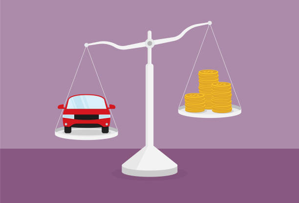 Car and stack of money on the scale Adult, Adversity, Balance, Banking, Saving money, Coin, Auto loan, Leasing debt ceiling stock illustrations