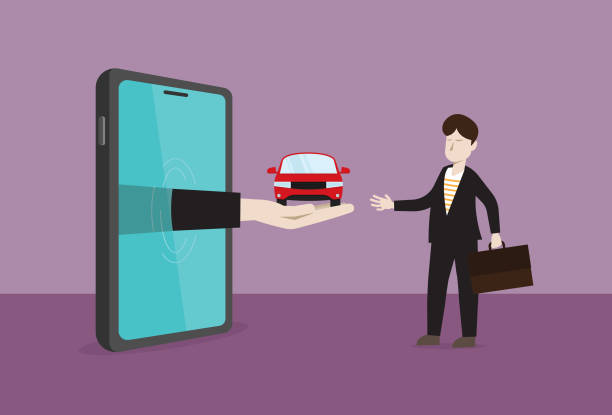 Businessman receives a car from a mobile phone Carsharing, Crowdsourced taxi, Mobile App, Service, Drive uber driver stock illustrations