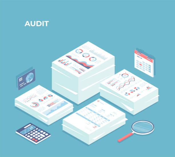 Auditing, analysis, accounting, calculation, analytics. Piles of documents for review. Documents with charts graphs, report, magnifying glass, calculator, calendar, credit card. Isometric 3d vector Auditing, analysis, accounting, calculation, analytics. Piles of documents for review. Documents with charts graphs, report, magnifying glass, calculator, calendar, credit card. Isometric 3d vector stack of papers stock illustrations