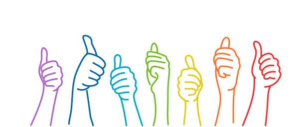 Hands showing thumbs up. Hands showing thumbs up. Colour line drawing vector illustration. enjoyment illustrations stock illustrations