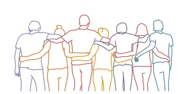 Vector illustration of Tourism, travel, people, leisure and teenage concept - group of happy friends hugging.