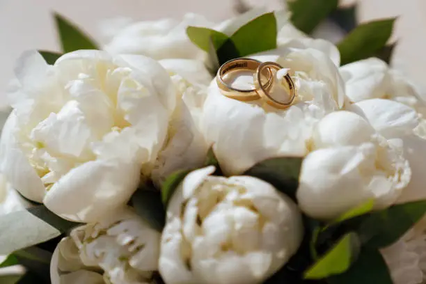 wedding rings lie on a beautiful bouquet of peonies