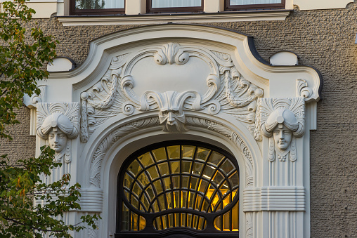 Stunning Art Nouveau architecture in Riga, details in exterior of building facade