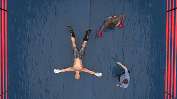 istock Knocked out box fighter lying on floor view from top 3d render 1199894461