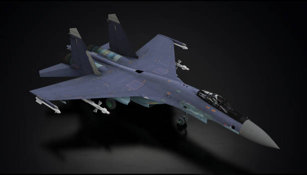 istock Soviet russian airplane fighter jet fully loaded  in dark background view from top 3d render 1199894502