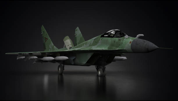 istock Russian soviet fighter jet airplane in dark unknown location view from side 3d render 1199894515