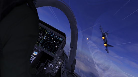 Air combat of jet fighters in cockpit view 3d render