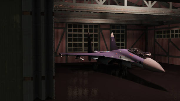 istock Russian military aircraft jet in hangar 3d render 1199894538