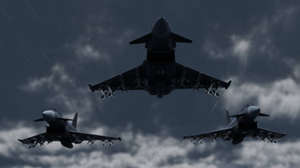 istock Three eurofighter jet flying above camera in vic formation 3d render 1199894541