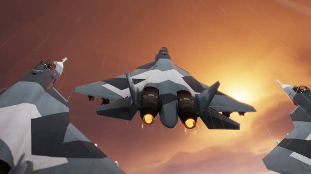 istock Russian stealth fighter jets flying together back view 3d render 1199894544