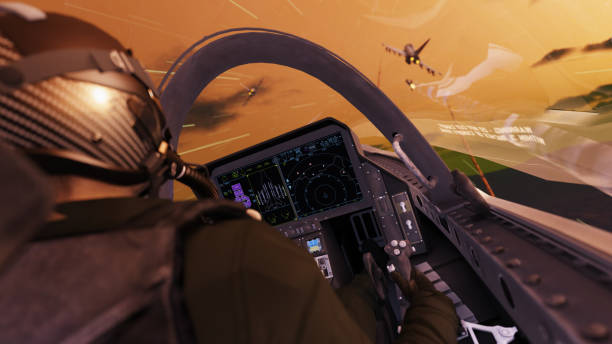 Military airforce pilot in cockipt firing a missile to enemy aircrafts air combat 3d render Military airforce pilot in cockipt firing a missile to enemy aircrafts air combat 3d render cockpit stock pictures, royalty-free photos & images