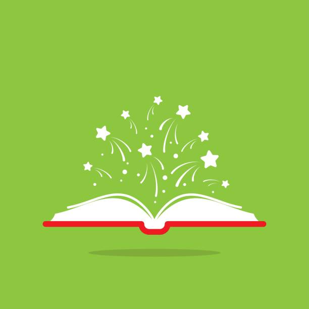 illustrations, cliparts, dessins animés et icônes de ouvrez le livre avec la couverture rouge de livre et les étoiles blanches s'envolant. isoler sur le fond vert. - livre ouvert