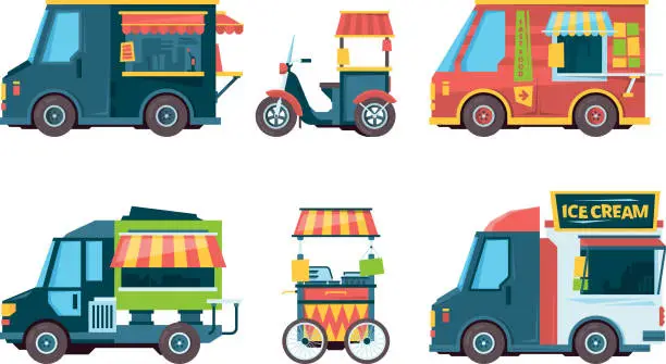 Vector illustration of Food truck. Pushcart picking transport hawkers festival fast food vector collection flat pictures