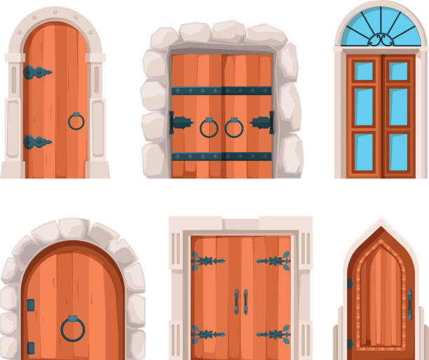 고대 문. 나무 돌 중세와 오래된 건물 문과 성 벡터 디자인에서 문 - castle gate stock illustrations