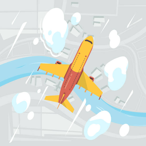 Airplane sky top view. Flying transport jet civil aircraft vector clouds vector aerial background Airplane sky top view. Flying transport jet civil aircraft vector clouds vector aerial background. Illustration airplane travel, plane flight charter document stock illustrations