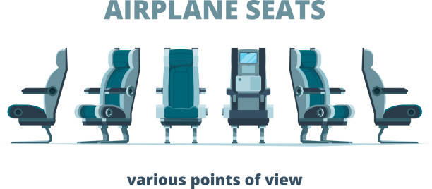 istock Airplane seat. Aircraft interior armchairs in different side view vector flat pictures 1199896030
