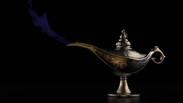 istock Genie in lamp with black bakcground and blue smoke 3d render 1199896101