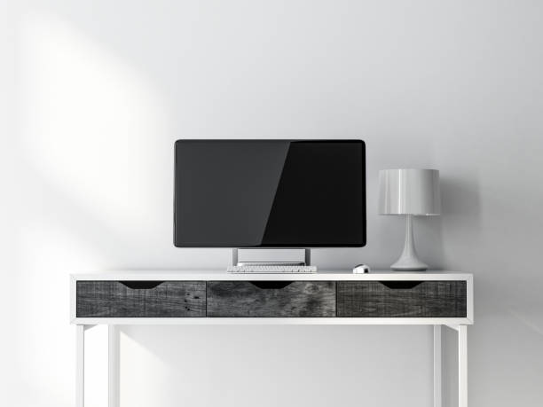istock Modern Desktop Computer Monitor screen Mockup on white table 1199896205