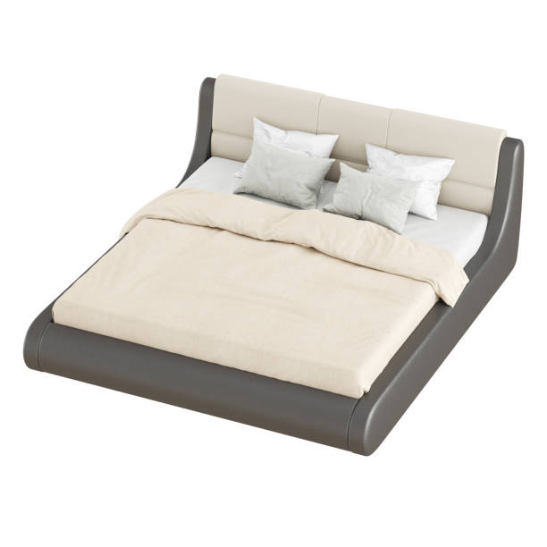 istock A large soft brown-beige double bed with pillows and a blanket on a white background. 3d rendering 1199896235
