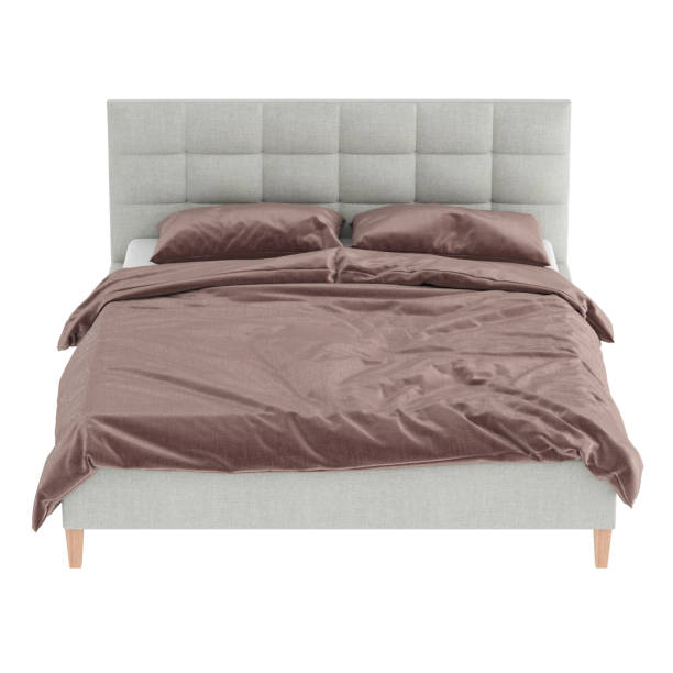 istock A double gray bed with a stitched fabric headboard and brown linen on a white background. Front view. 3d rendering 1199896236