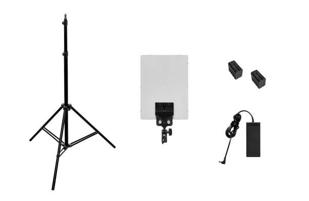 Professional lighting equipment for video production isolated on white.  Portable video light for filming video and video blogging. Lighting device for film production and video filming.