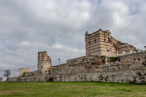 Eastern roman byzantine walls surrounding historical old Istanbul peninsula. Topkapi and Edirnekapi region. Turkey