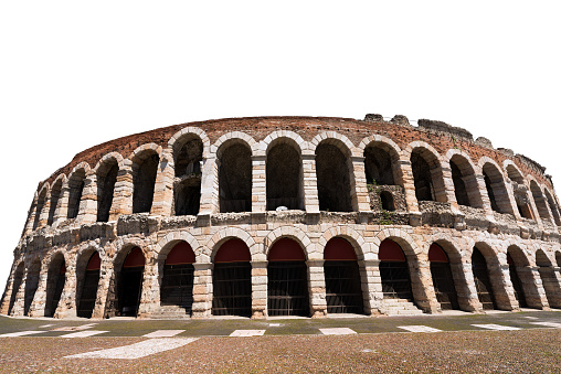 Arena di Verona, Piazza Bra, isolated on white background, Roman Amphitheater, I-III century, symbol of the city, UNESCO world heritage site, Veneto, Italy