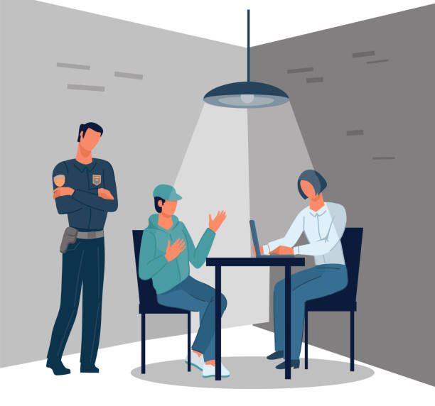 Interrogation criminal with lamp. Policeman and secretary questioning arrested suspected man. i Interrogation criminal with lamp. Policeman and secretary questioning arrested suspected man. interviewing by police in police office interior. Vector flat style cartoon illustration police interview stock illustrations