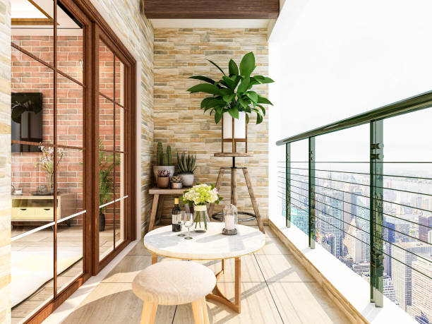 conception de balcon des bâtiments résidentiels urbains modernes, avec les bâtiments de grande hauteur à l'extérieur, la lumière du soleil brille dans le balcon - balcon photos et images de collection