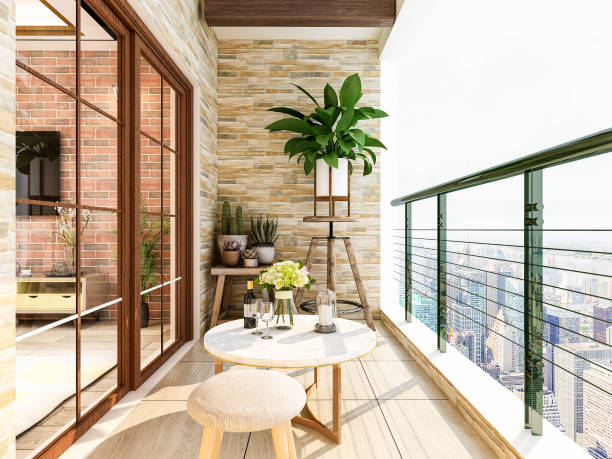 balcone design di moderni edifici residenziali urbani, con grattacieli all'esterno, luce solare che brilla nel balcone - balcony foto e immagini stock